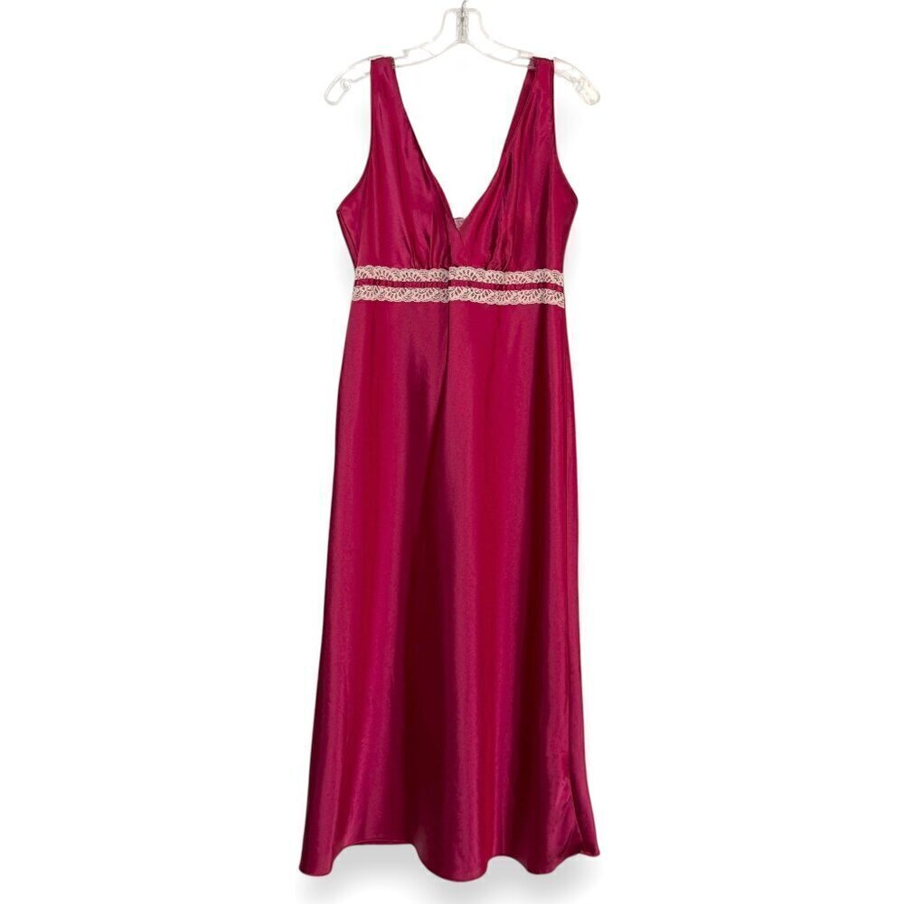 Vintage Red Satin Nightgown Slip Dress Lace Trim Medium - Picture 2 of 9